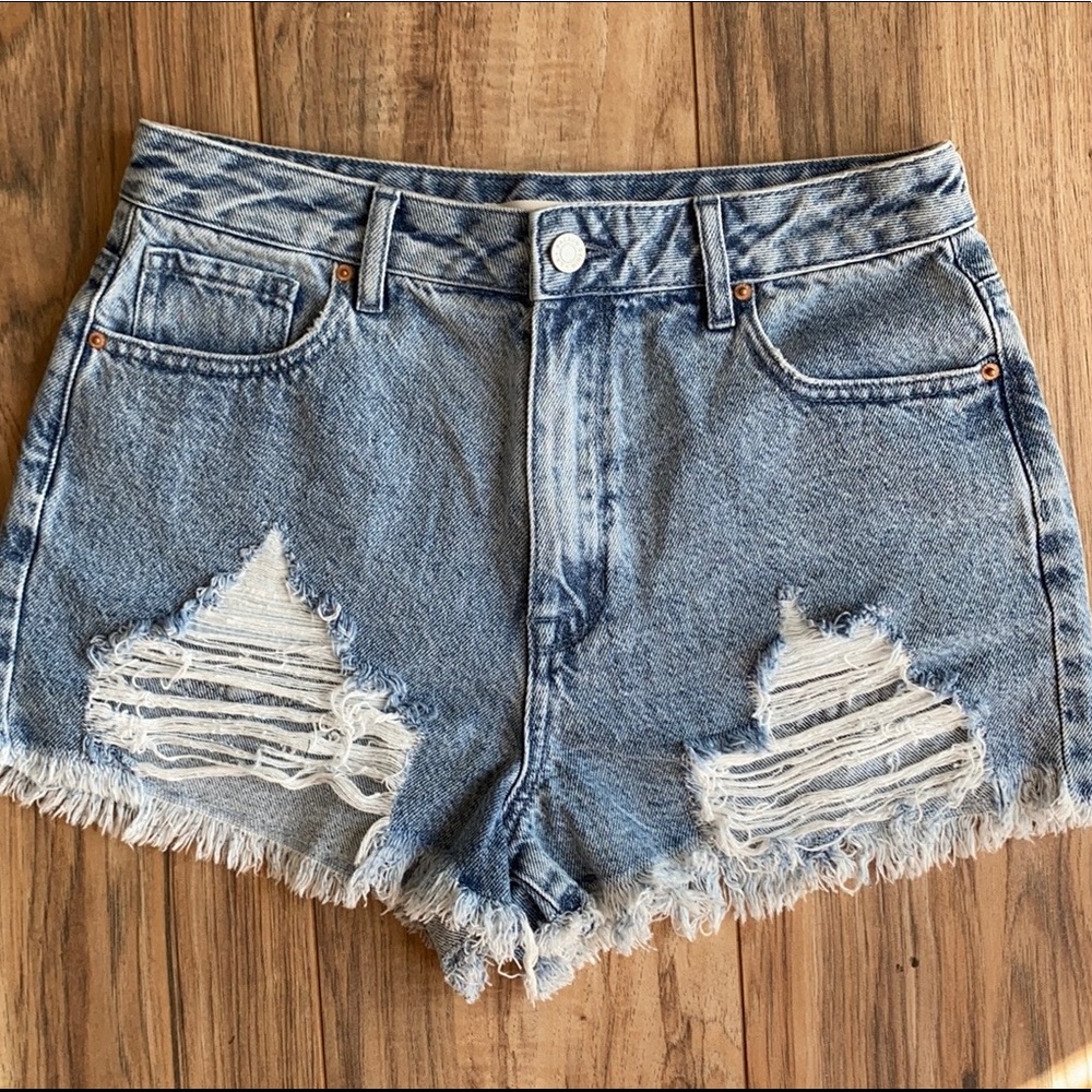 PACSUN Eco Medium Blue Distressed High Waisted Denim Festival Shorts